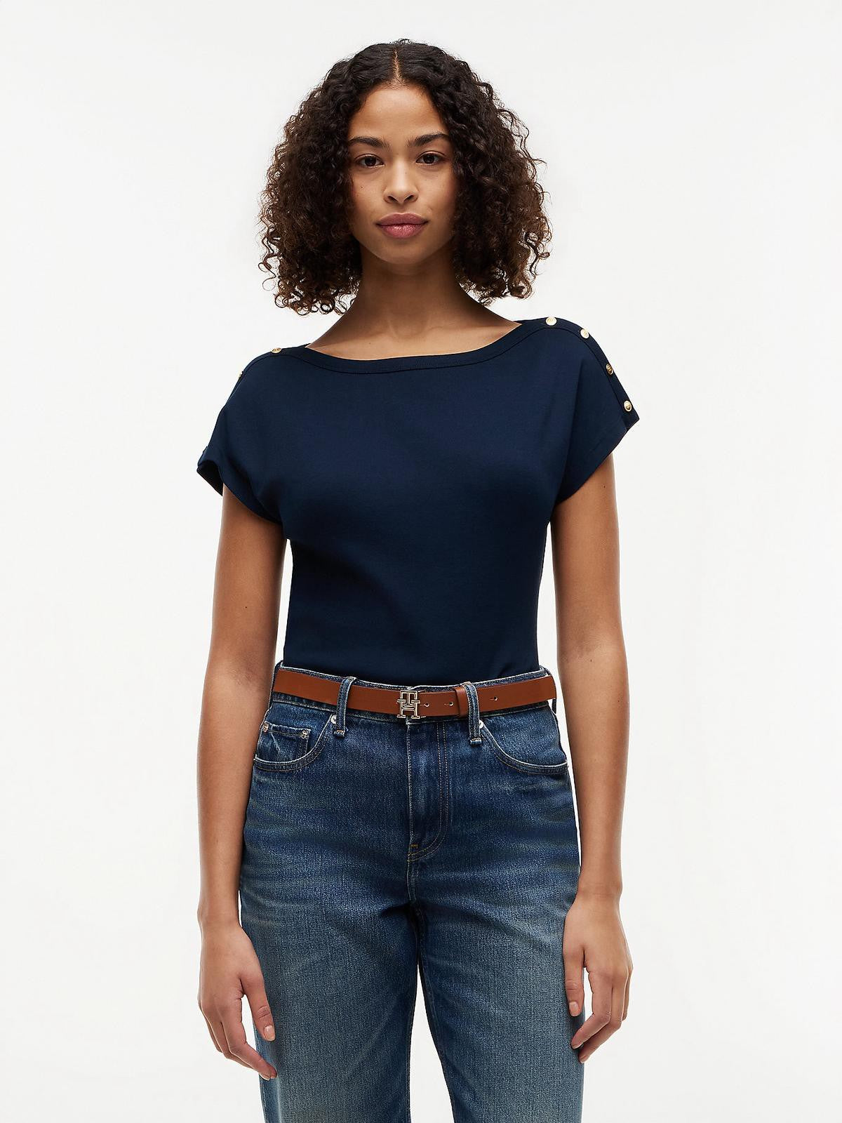 T-SHIRT TOMMY HILFIGER DONNA GOLD BTN CAP-SL V BOAT -NK TEE