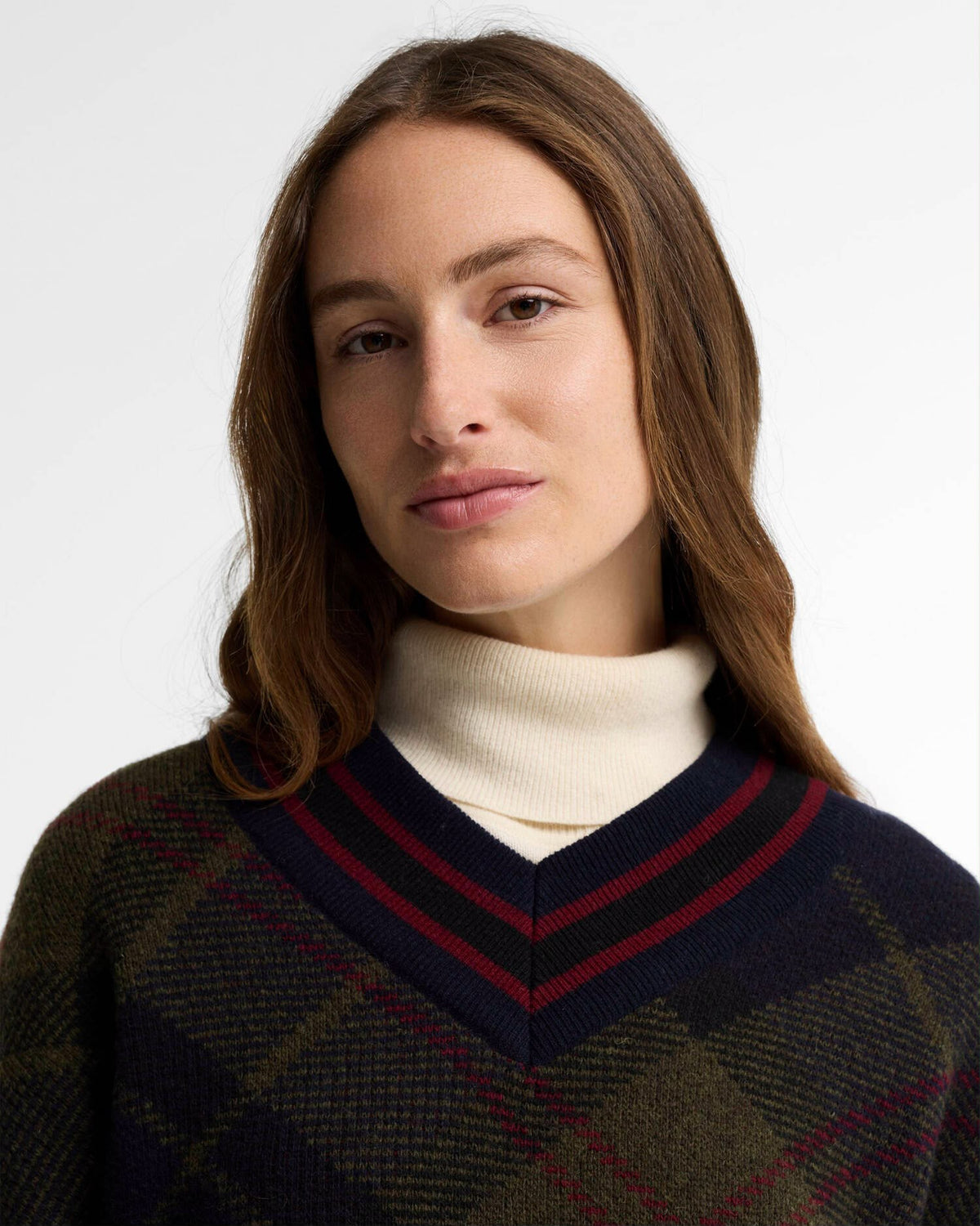 PULLOVER BARBOUR DONNA SHAE IN LANA TARTAN CON SCOLLO A V